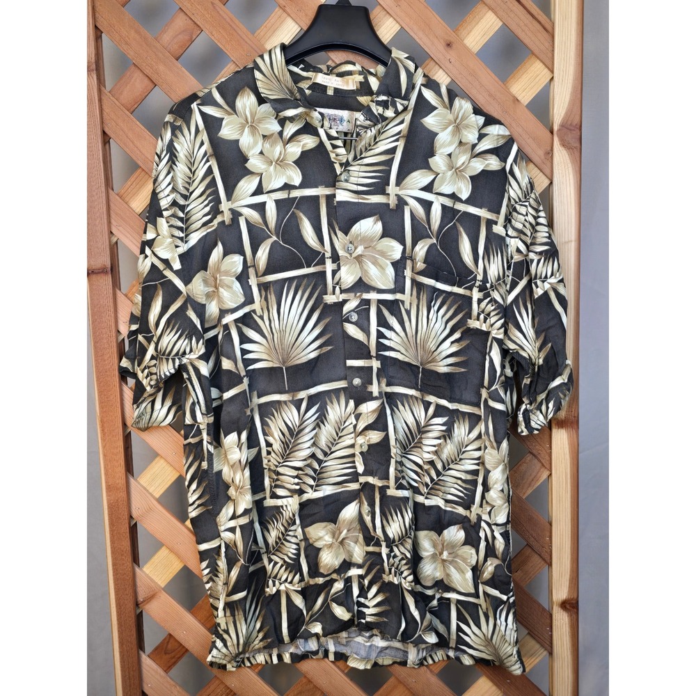 Campia Moda Hawaiian Shirt Mens Large Black Floral Rayon Short Sleeve Aloha Exc